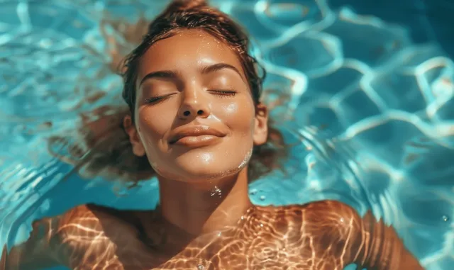 Smiling woman floats underwater in a sunlit pool with bubbles rising around her face.