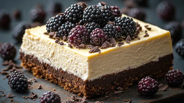 A layered brownie dessert slice topped with cream, blackberries, and chocolate shavings on a dark slate surface.