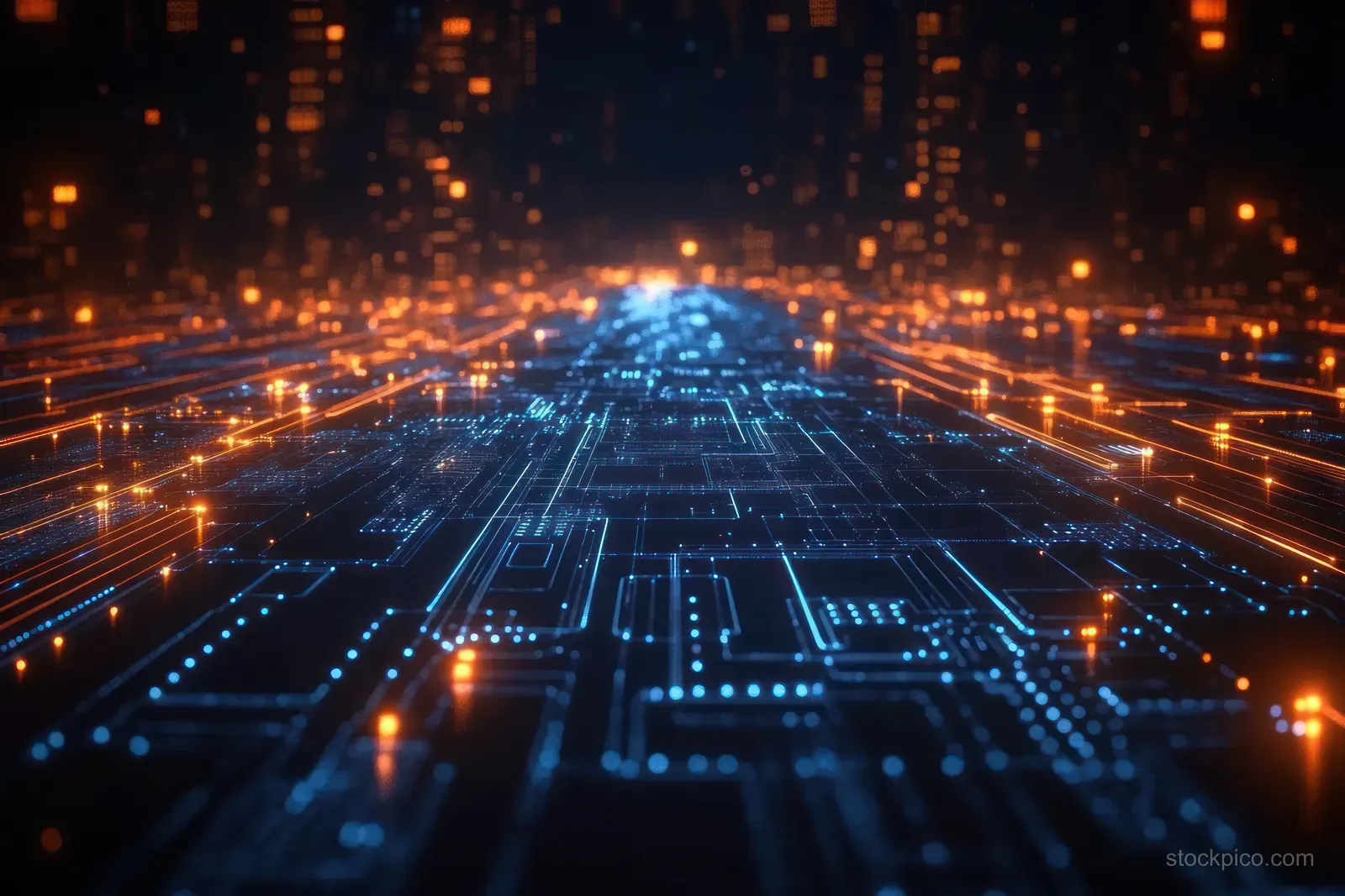 Glowing circuit board surface with blue data lines and orange light trails.