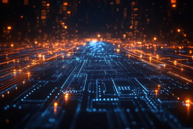 Glowing circuit board tunnel with blue data lines and orange lights