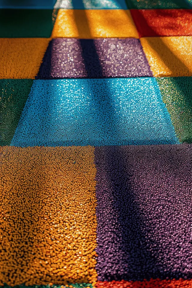 Close-up of multicolored rubber playground flooring squares with textured surface and soft shadows in natural light.