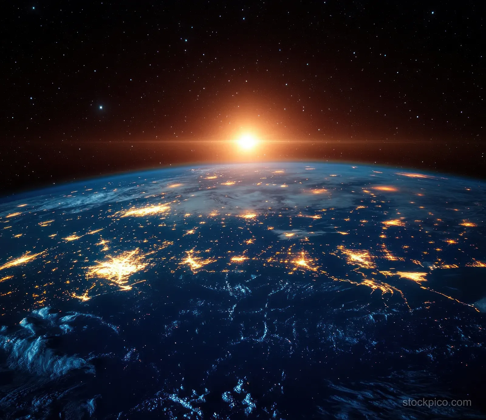 Earth seen from space at sunrise with glowing city lights and stars in the background.