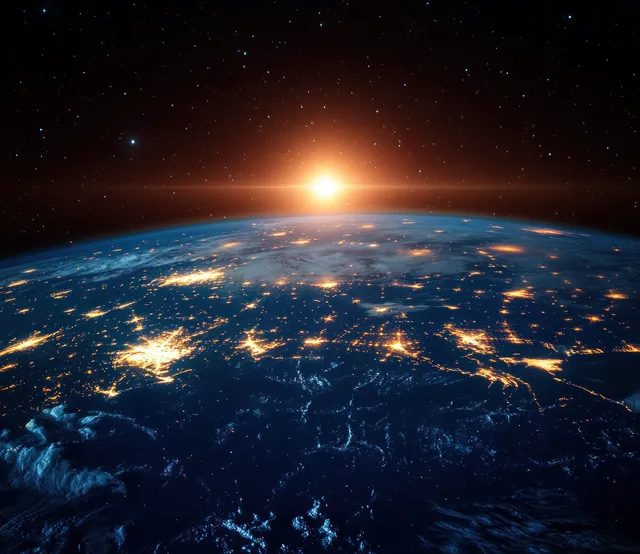 Sunrise over Earth with glowing city lights and starry space