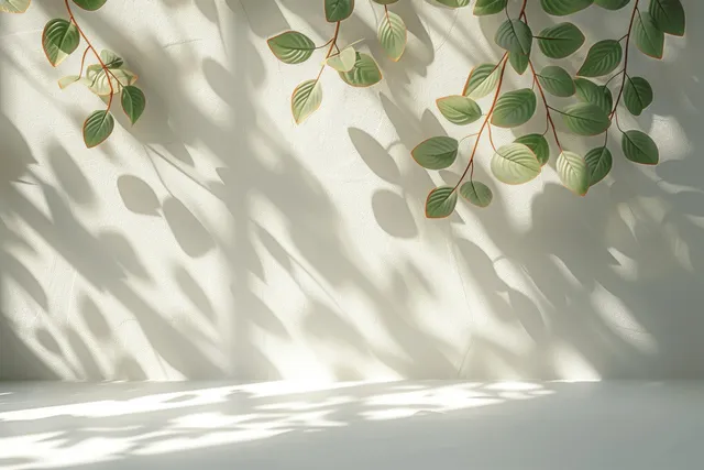Soft shadows of green leaves stretch across a white wall in bright sunlight.