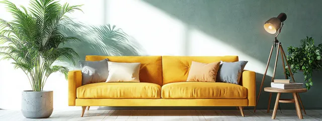 Sunlit living room with yellow sofa, colorful cushions, tripod floor lamp, and green plants