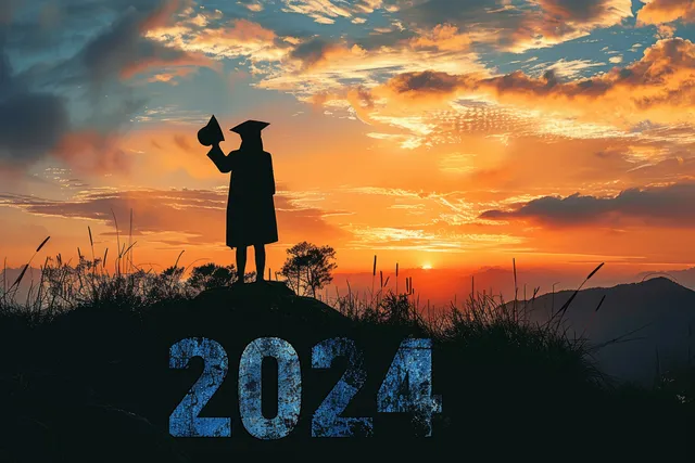 Silhouette of a graduate raising a cap on a hill at sunset above the number 2024.