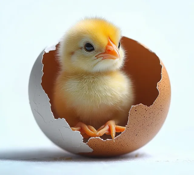 A newly hatched yellow chick sits inside a cracked brown eggshell on a white background.