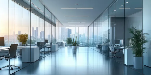 Minimalist futuristic office corridor with glass walls, empty desks, and bright linear ceiling lights stretching into the distance.