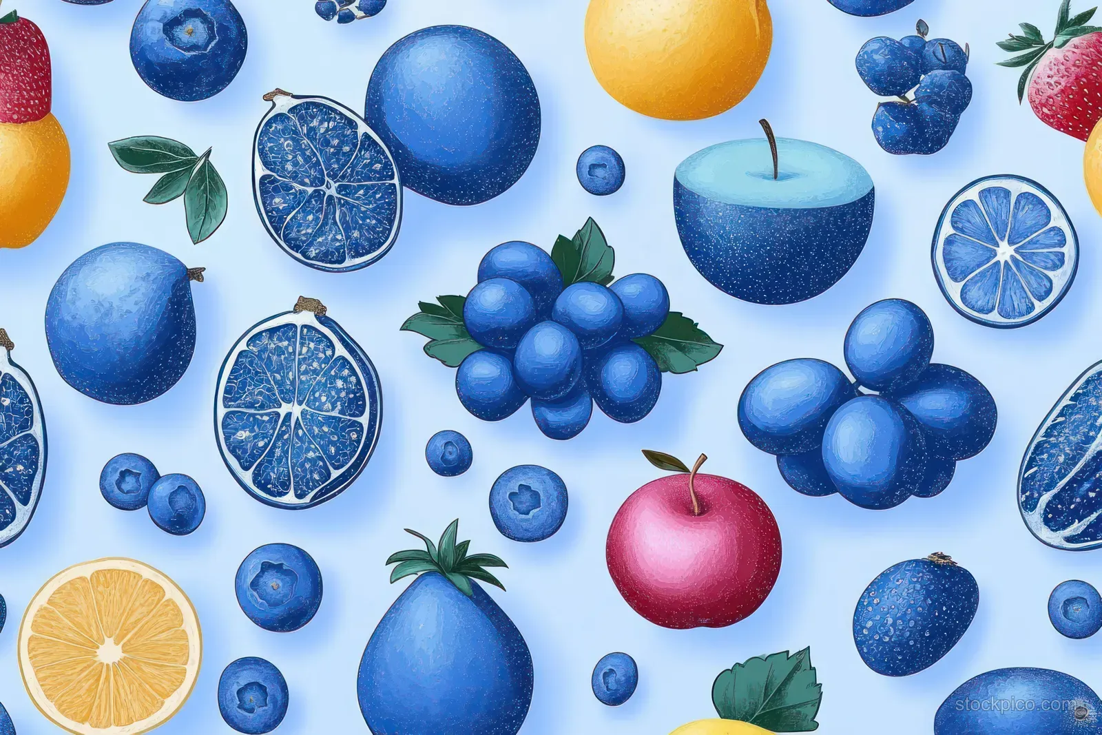 Assorted illustrated fruits including blueberries, citrus, grapes, apples, strawberries, and lemons on a light blue patterned background.
