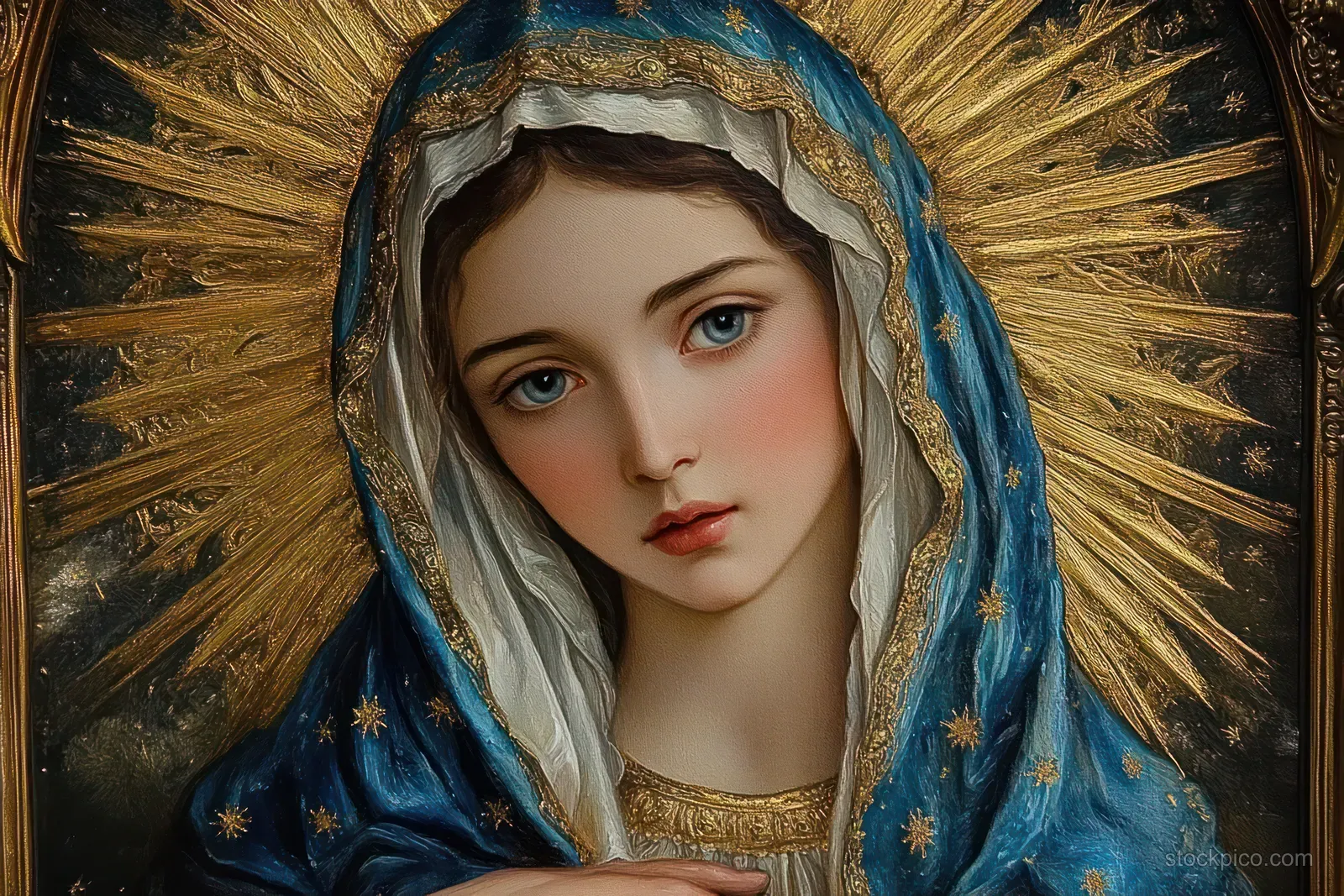 Serene woman portrait wearing a starry blue hooded cloak and white veil, surrounded by radiant golden halo light.
