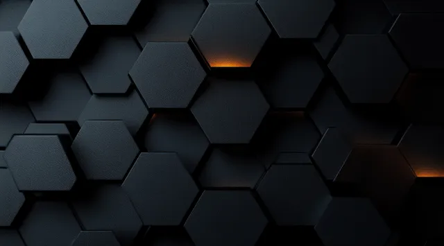 Dark metallic hexagonal tiles with deep shadows and small glowing orange highlights in a textured pattern background.