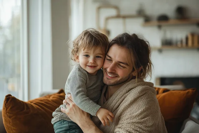Father piggybacking his smiling son in a cozy living room, sharing an affectionate kiss