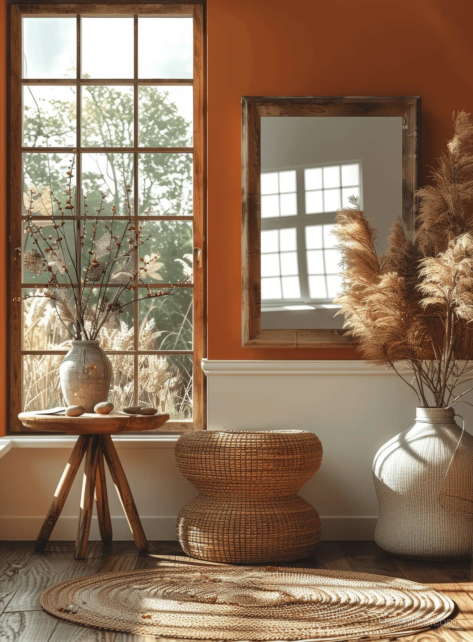 Blank wooden poster frame above a wicker table in a bohemian-style room with sunlit window and soft shadows.