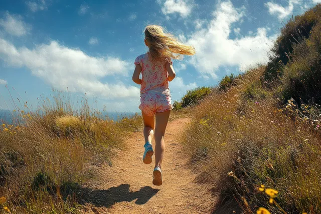 A young girl runs along a sunny dirt path through tall grass and wildflowers under a blue sky with clouds.