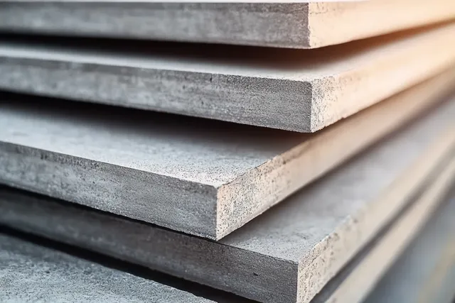 Stacked gray concrete slabs show rough surfaces, seams, and sharp horizontal edges under soft natural light.