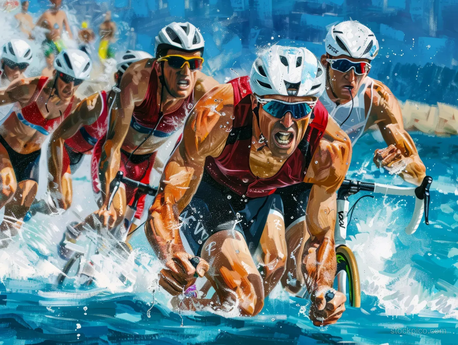 Triathletes in wetsuits sprint through churning water in a competitive race with splashes and raised arms.