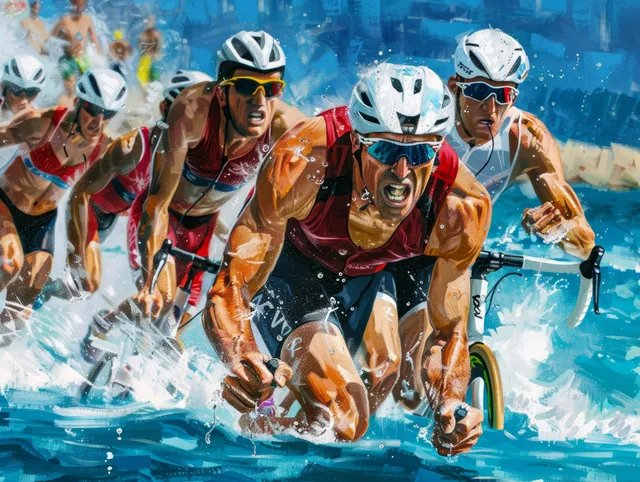 Triathletes in wetsuits sprint through churning water in a competitive race with splashes and raised arms.