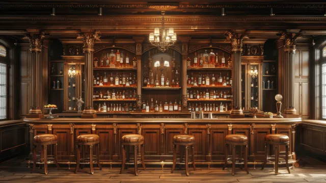 A vintage wooden bar with leather stools and whiskey bottles under warm lights.