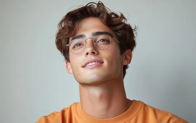 Young Asian man smiling in an orange T-shirt against a pale studio background.