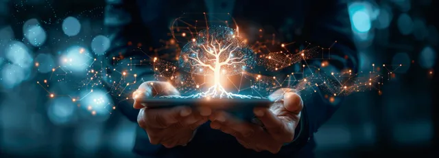 Businessman holding a glowing AI network sphere while blurred finance data screens surround him.