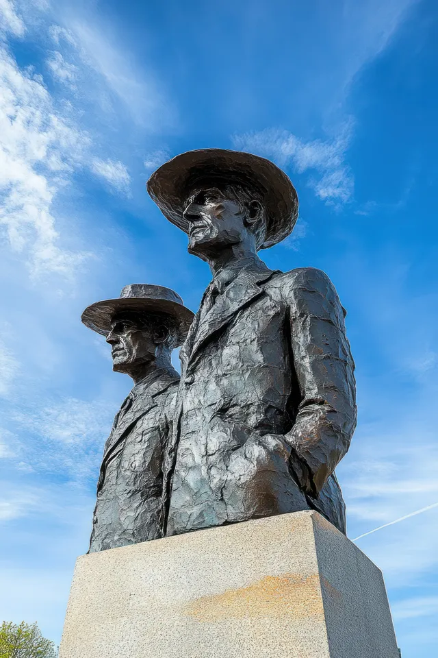 Two bronze men statues in suits and wide-brim hats stand on a stone pedestal under a blue sky.