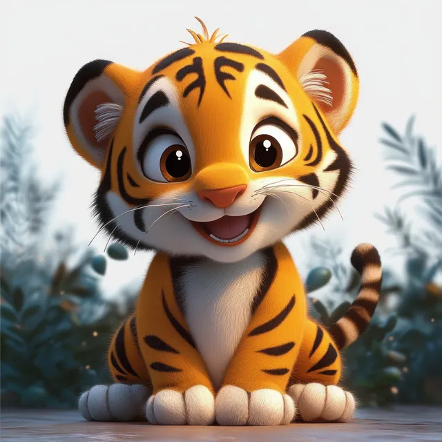 A cute 3D tiger cub waves while sitting on snow in a softly lit forest background.