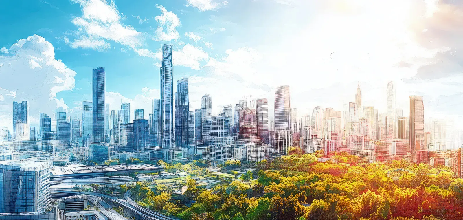 Watercolor sketch of a bright city skyline with sunlit skyscrapers and surrounding green park trees.
