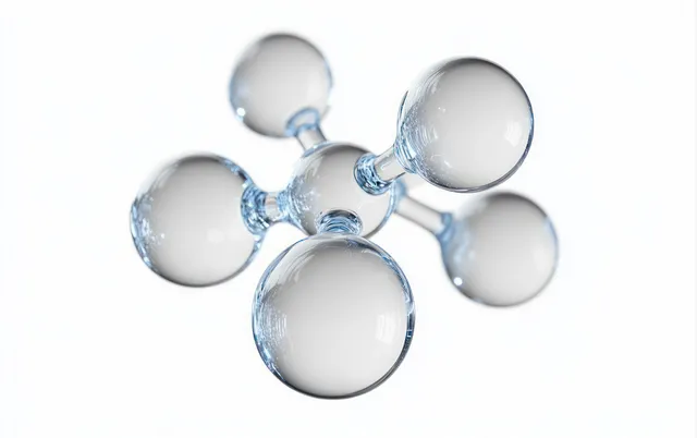 Six translucent atoms connected by thin bonds form a 3D molecular cluster on a white background.