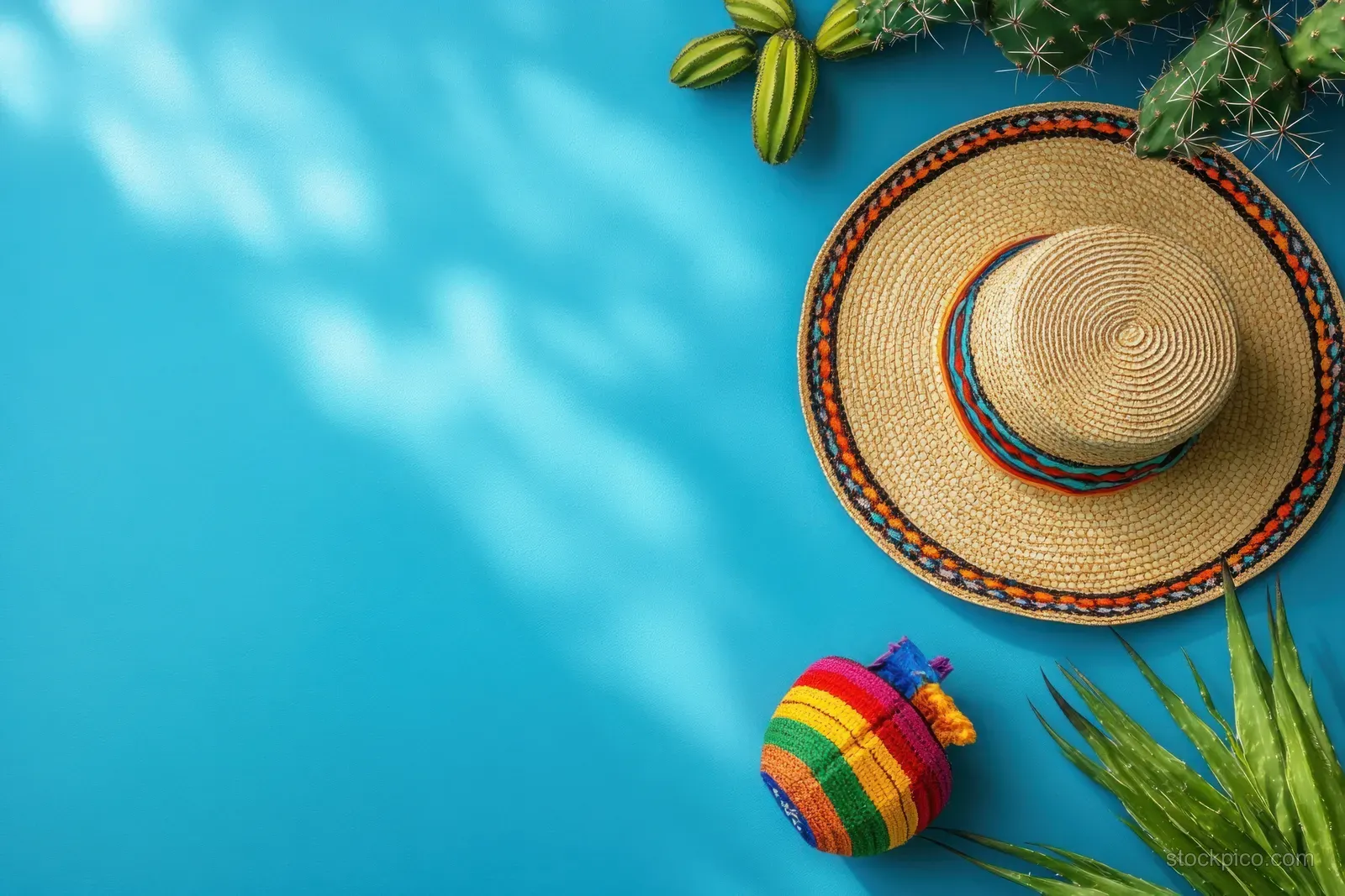 Top-down view of a woven sombrero hat, cactus, and colorful maraca arranged on a blue background.