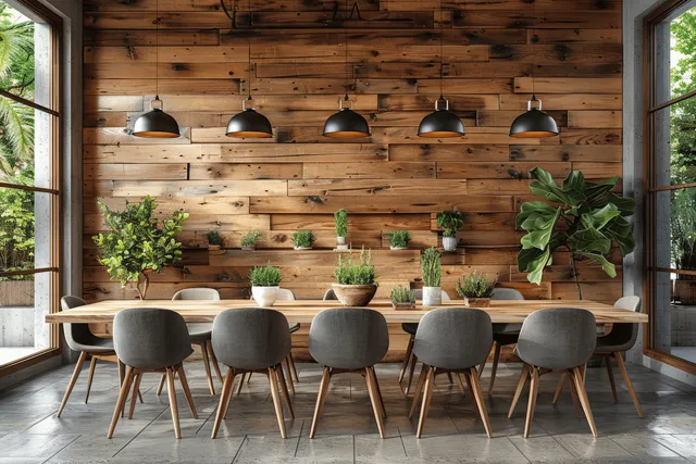Minimalist dining room interior with a long table, gray chairs, potted plants, and hanging pendant lamps against wood paneling.