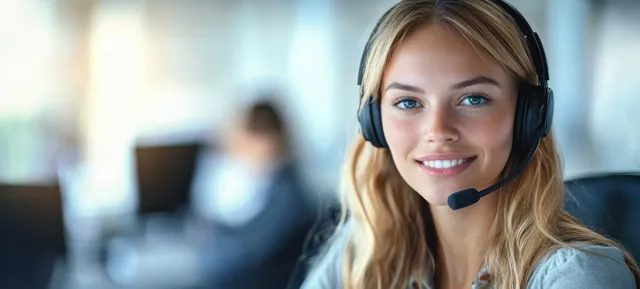 Professional customer service executive with a headset assists clients at a computer in a modern consulting office.