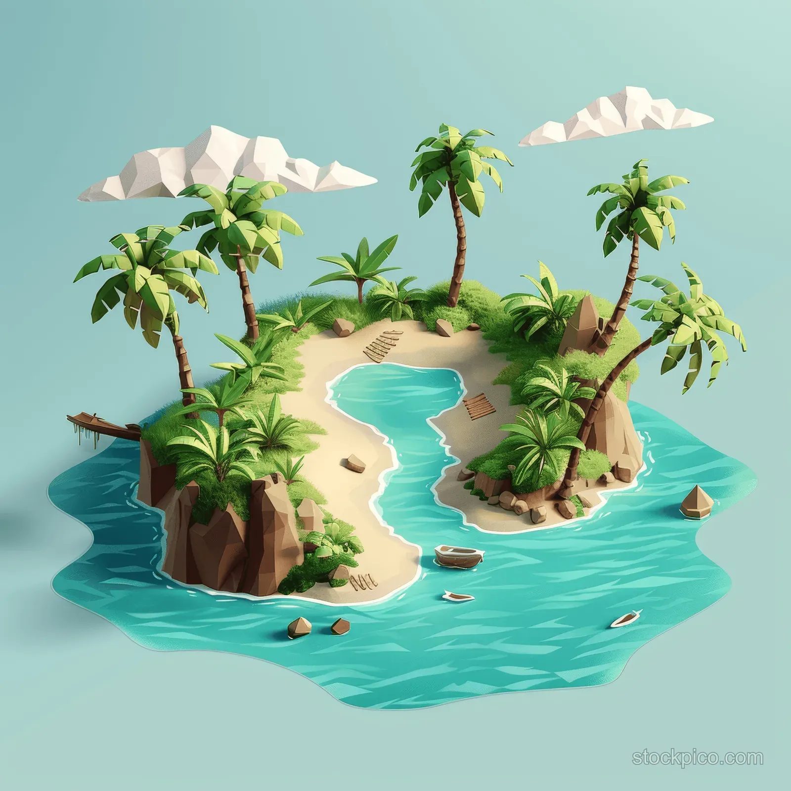 Isometric cartoon island beach surrounded by turquoise lagoon water and palm trees.