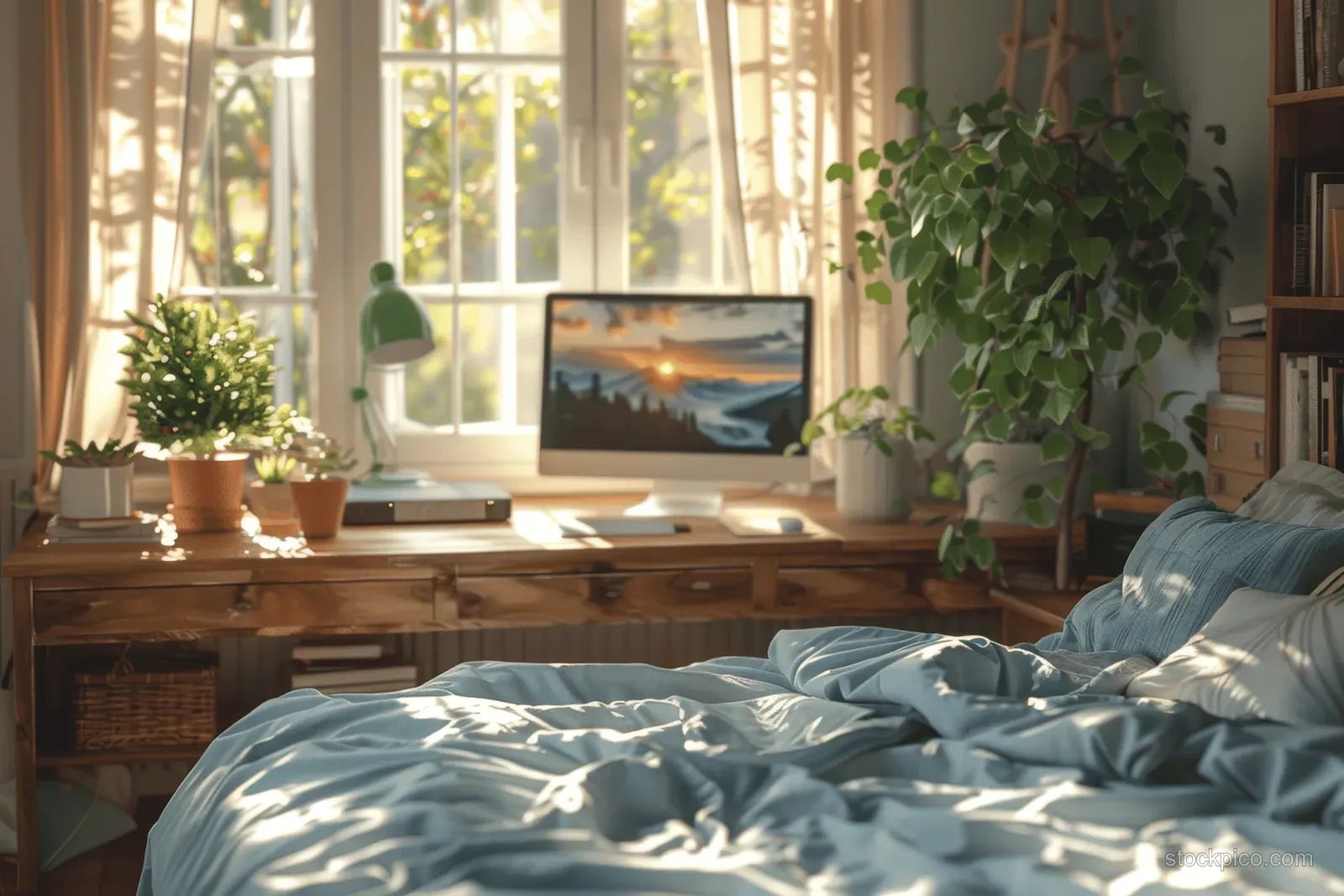 Bright modern minimalist bedroom with a wooden desk, green lamp, indoor plants, and blue bed linen near large windows.