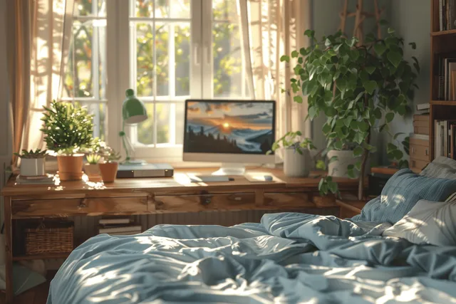 Bright modern minimalist bedroom with a wooden desk, green lamp, indoor plants, and blue bed linen near large windows.