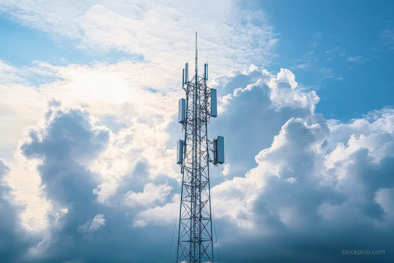 A tall metal communications tower with antennas stands against a cloud-filled blue sky with soft sunlight.