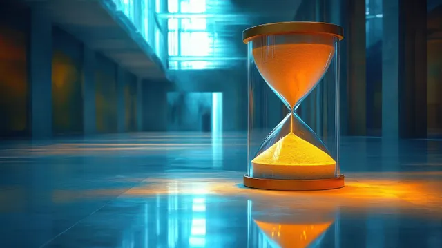 A glowing hourglass with golden sand is centered on a reflective floor under blue and orange lighting in a quiet hall.