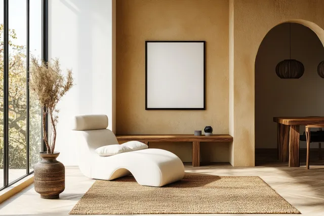 Scandinavian living room corner with a white lounge chair, wooden side table, yellow wall, and framed wall art.