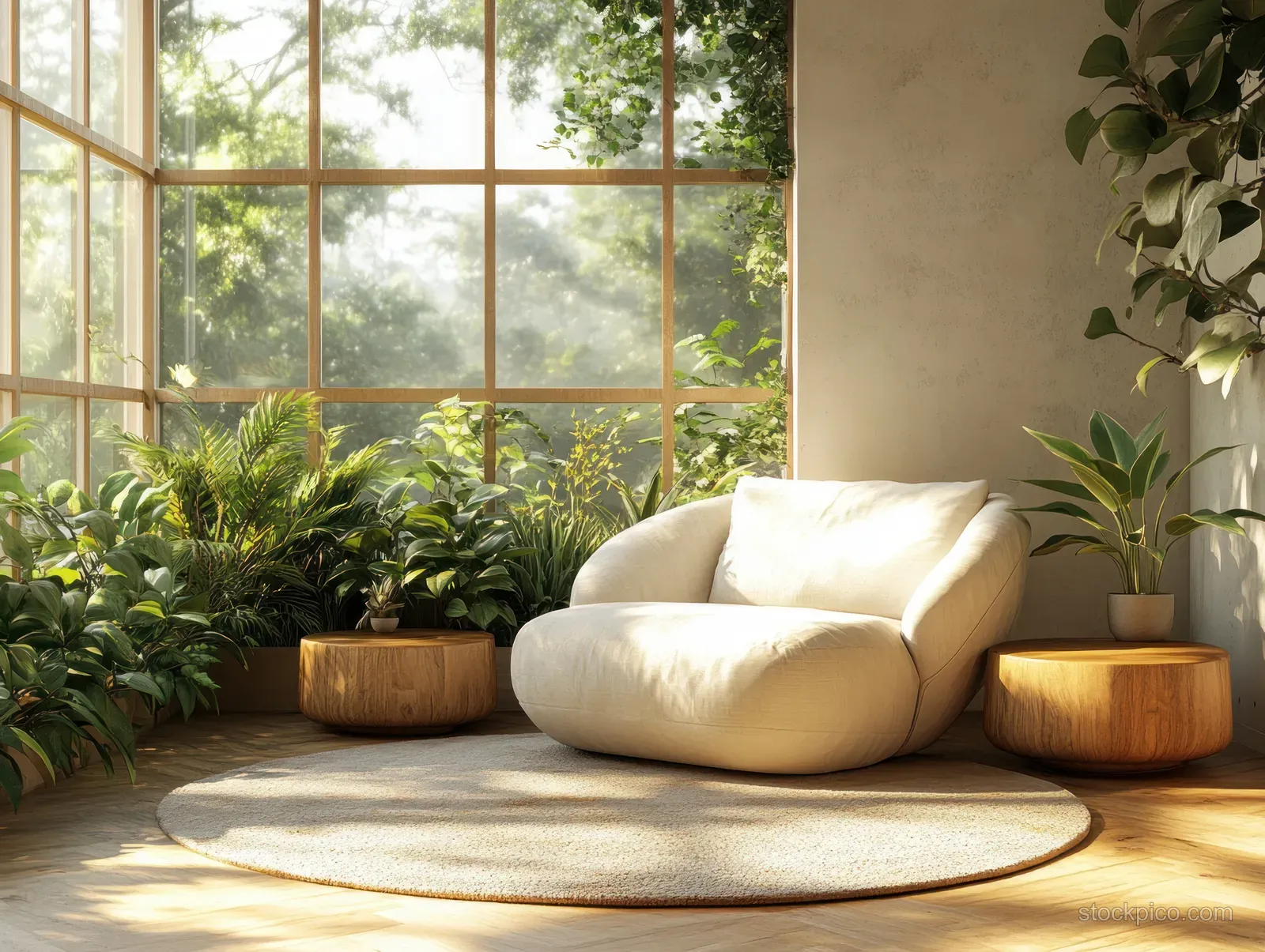 White armchair in a sunlit living room with potted plants, wooden side tables, and large windows.