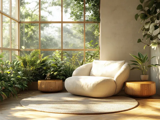 Sunlit living room with white armchair, potted plants, and wooden side tables