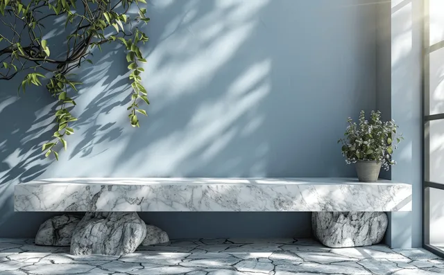 White marble table against light blue wall with leaf shadows and soft daylight with Minimal Product Set