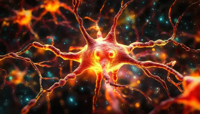 A glowing neuron with branching dendrites connects to other glowing signals across a dark neural network background.
