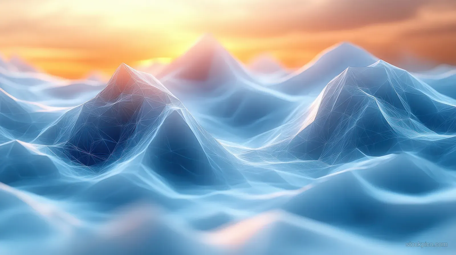 Glowing blue mountains at sunset with layered mist and flowing wave-like light patterns.