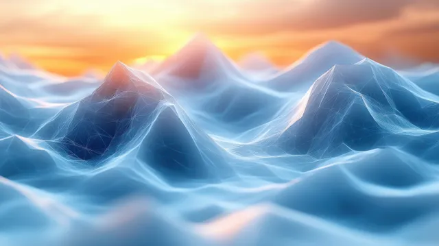 Glowing blue mountains at sunset with layered mist and flowing wave-like light patterns.
