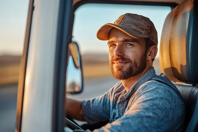 Truck driver in cabin smiling while driving a freight route at sunset highway