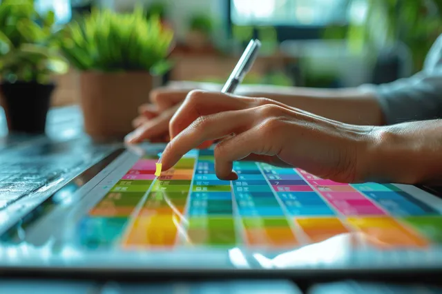 Businesswoman marks a colorful calendar on a digital tablet in a bright office desk setup