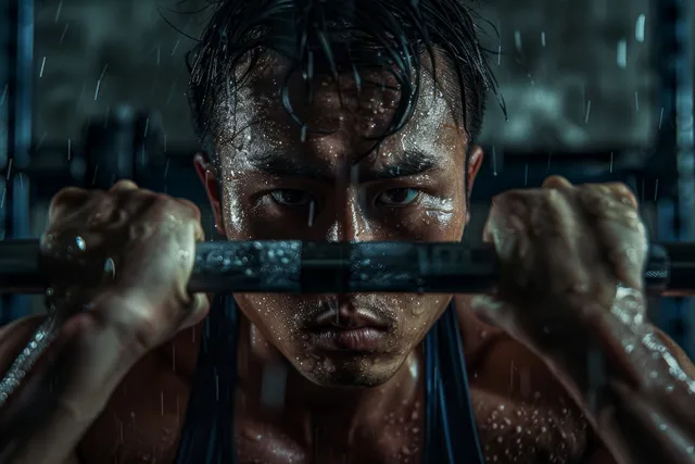 A Japanese weightlifter grips a barbell in a gritty gym, sweat on his face and intense eyes.