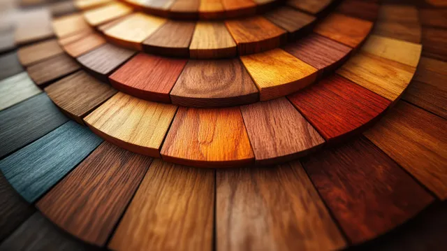 Curved fan of wood veneer swatches with varied grains and stained colors arranged for material selection.