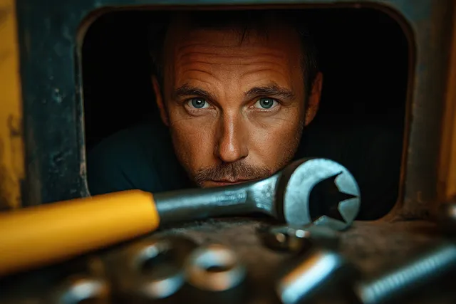 Focused mechanic peering through tools, gripping a large wrench in a dim workshop