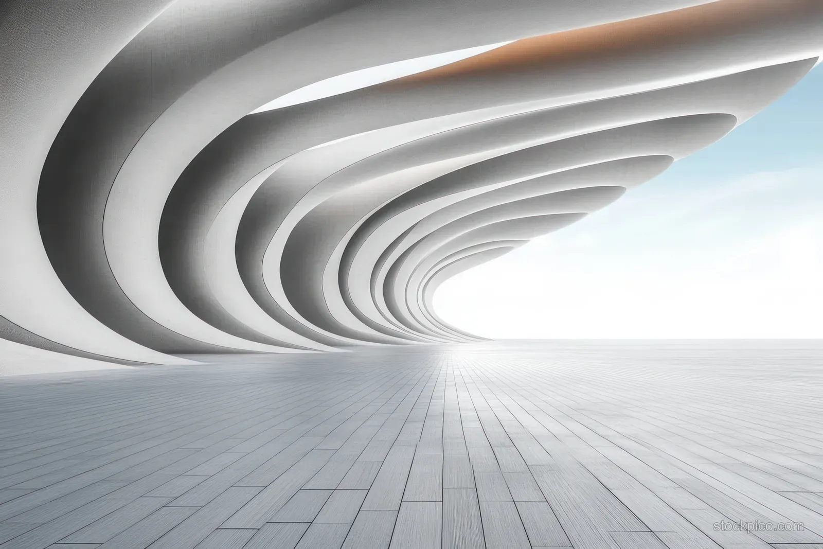 Curved layered white ceiling stretches over a smooth tiled floor with bright sky visible at the end of the hall.