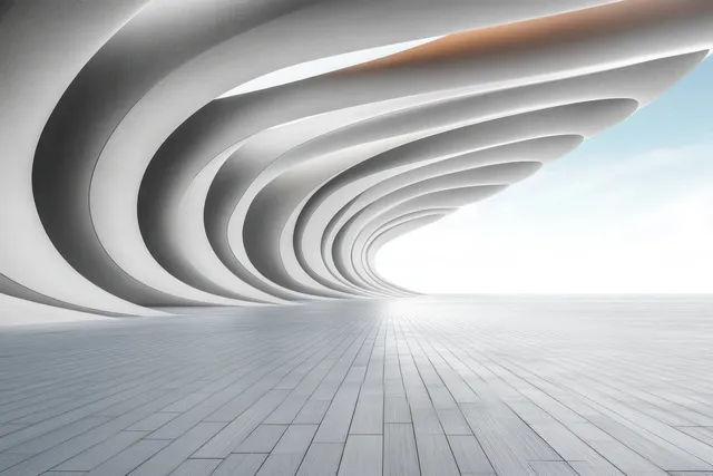 Curved layered white ceiling frames an open interior toward a bright sky and tiled floor